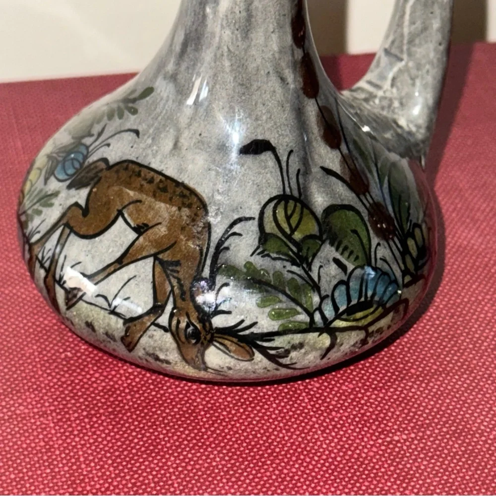 Vintage Handcrafted Mexican Floral Animal Folk Art Pottery Vase Glazed Marked